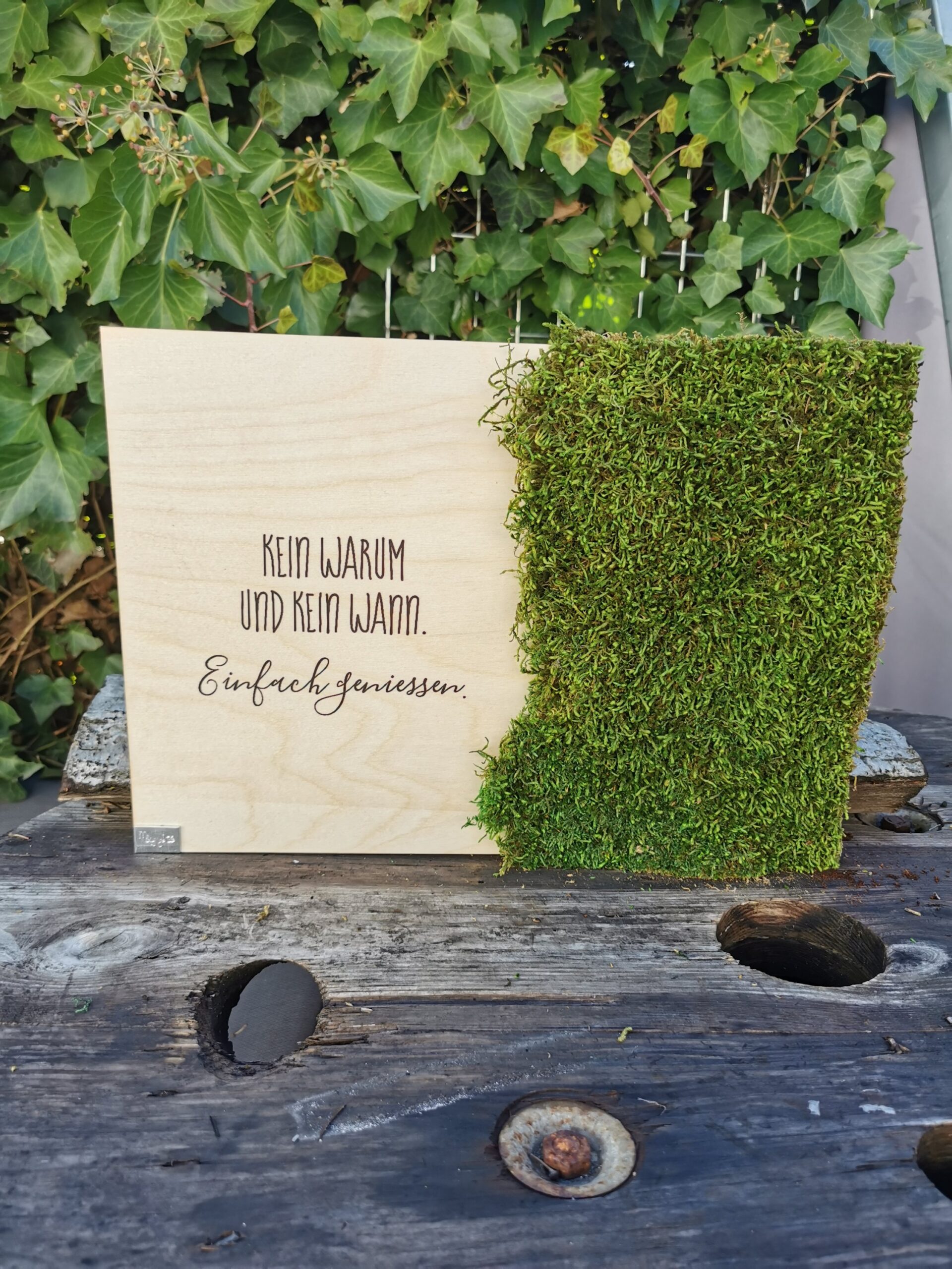 „Einfach genießen“ – Holzbild mit Moos & handgezeichnetem Schriftzug