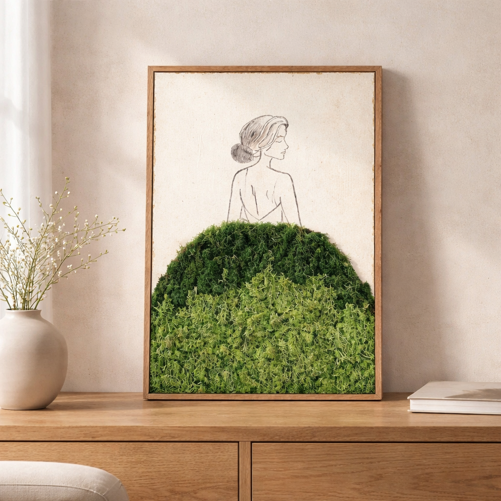 „Stille Verbindung“ – handgemaltes Moosbild im Holzrahmen